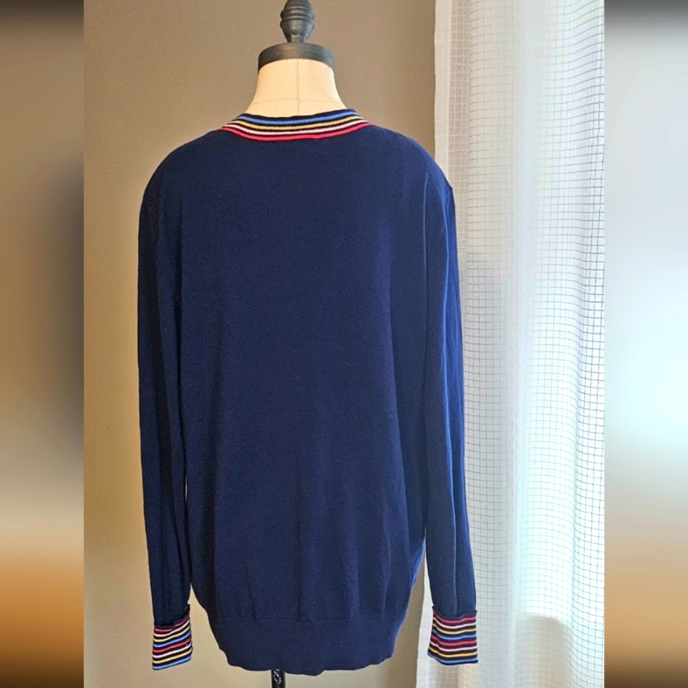 NWT St John's Bay Navy Dad Cardigan with Rainbow Striped Trim - Sz L 100% Cotton - Picture 5 of 9